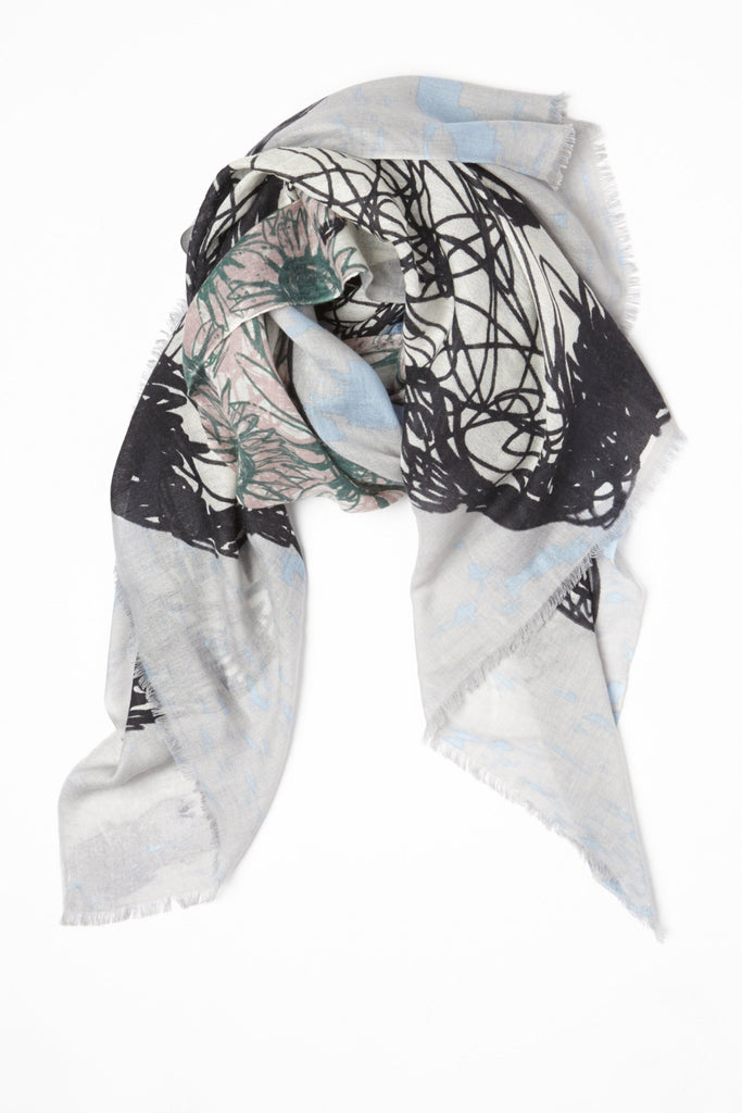 Yarnz Oversize Cashmere and Silk Scarf Cow Doodle Pattern- Blue